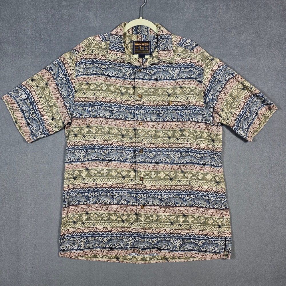 Woolrich Button Up Camp Shirt Mens XL Blue Fish Tribal Geometric Short Sleeve